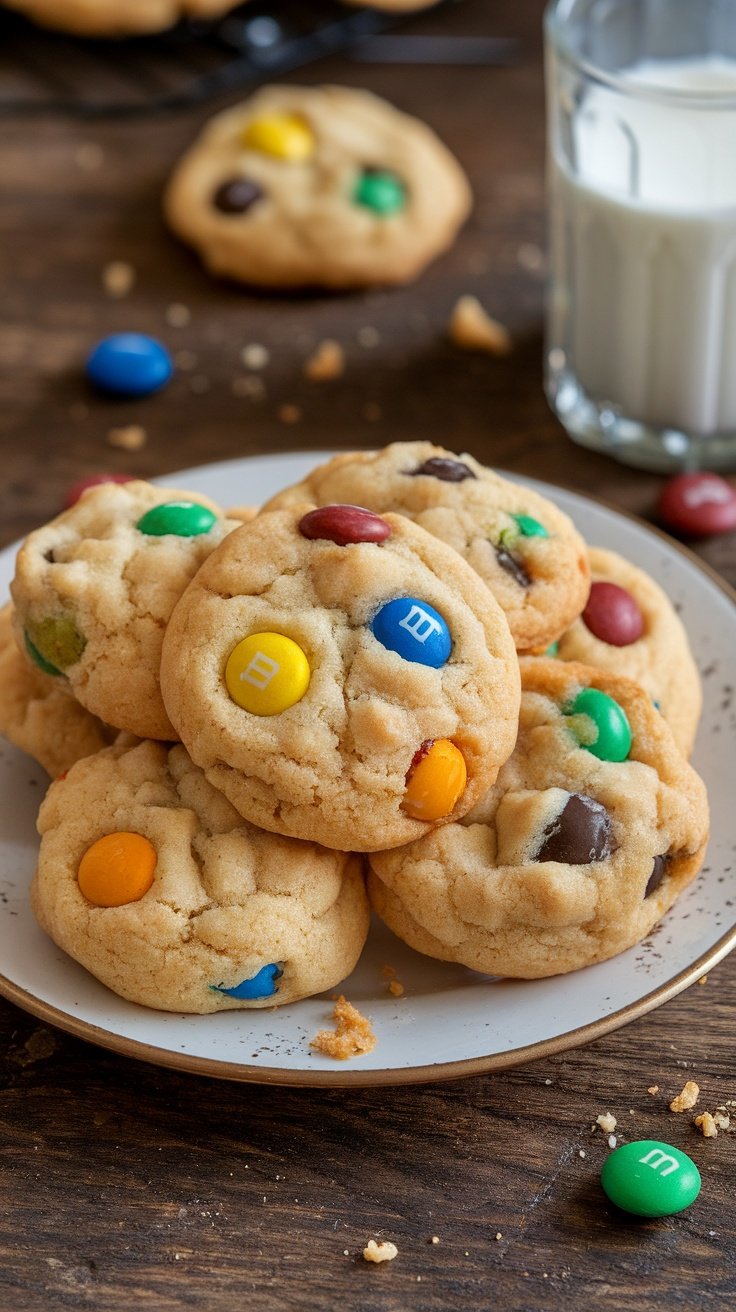 Chewy M&Ms Cookies Recipe Chewy M&Ms cookies on a plate with colorful candies, accompanied by a glass of milk.