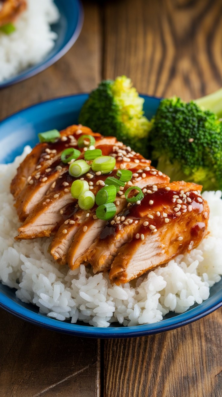 Quick and Delicious Chicken Teriyaki Recipe Delicious chicken teriyaki on rice, garnished with green onions and sesame seeds, with steamed broccoli on the side.