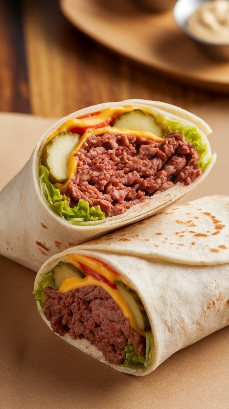 Savory Cheeseburger Wraps Recipe Cheeseburger wrap filled with ground beef, cheese, lettuce, and pickles, cut in half and displayed on a rustic table with dipping sauces.